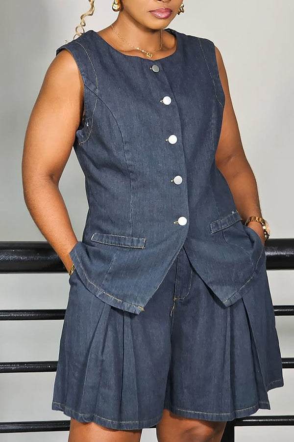 Stylish Denim Vest & Pleated Shorts Set