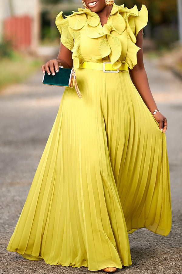 Stylish Ruffle Sleeve Pleated Wide Legs Jumpsuit