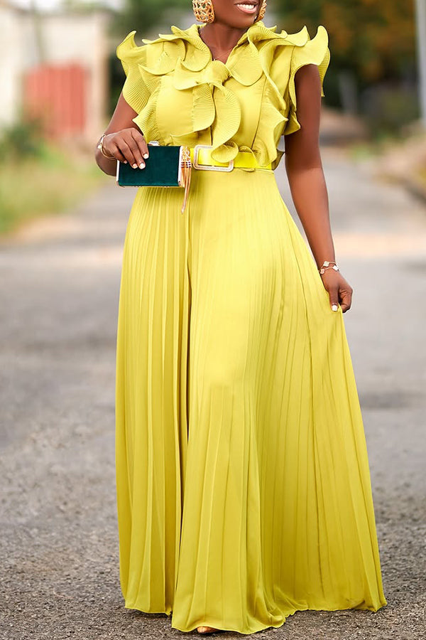 Stylish Ruffle Sleeve Pleated Wide Legs Jumpsuit