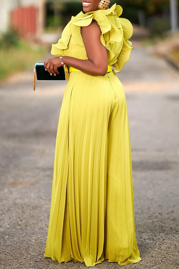 Stylish Ruffle Sleeve Pleated Wide Legs Jumpsuit