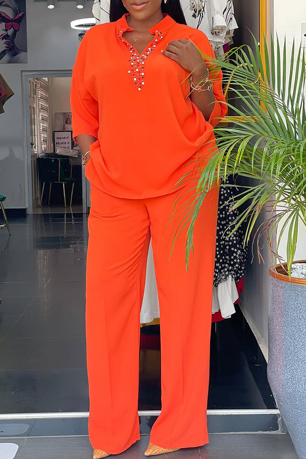 Cozy Rhinestone Blouse & Straight Pants Set