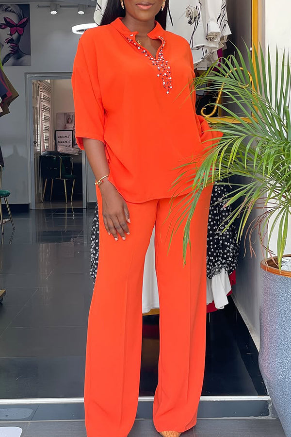 Cozy Rhinestone Blouse & Straight Pants Set