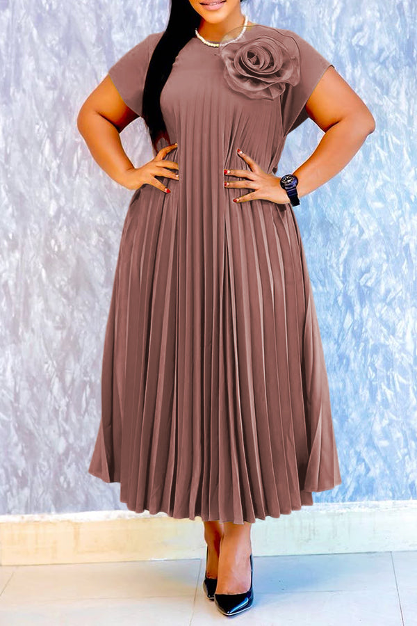 Stylish Batwing Sleeve 3D Floral Pleated Dress