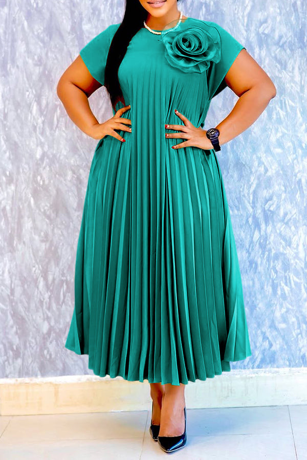 Stylish Batwing Sleeve 3D Floral Pleated Dress