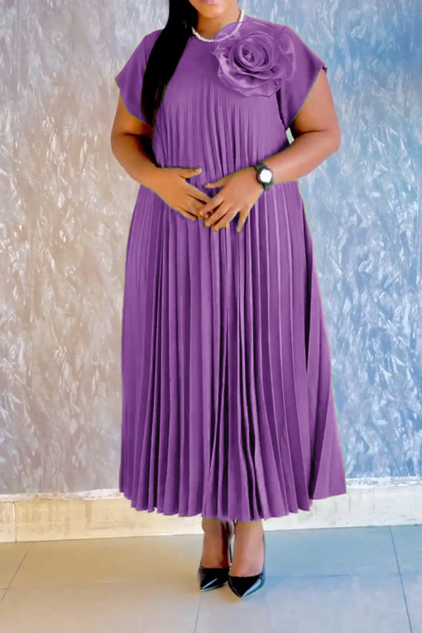 Stylish Batwing Sleeve 3D Floral Pleated Dress