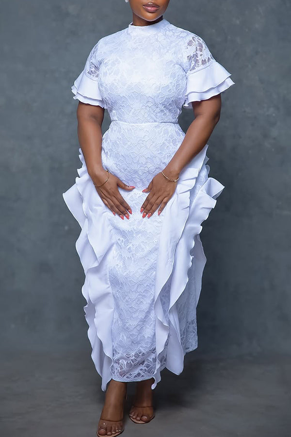 Elegant Ruffle Side And Sleeves Lace dress