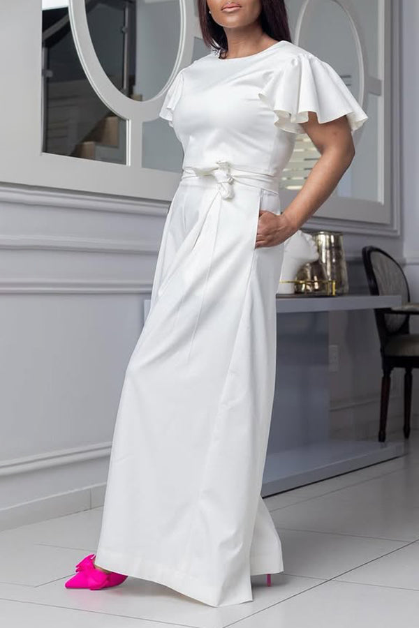 Stylish Self Belted Ruffle Sleeve Jumpsuit