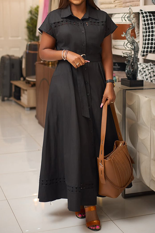 Stylish Guipure Lace Insert Belted Shirt Dress