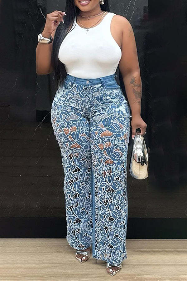 Stylish Guipure Lace Insert High Waist Jeans