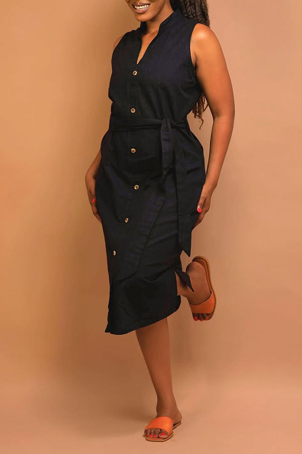 Chic Button Up Belted Split Hem Dress