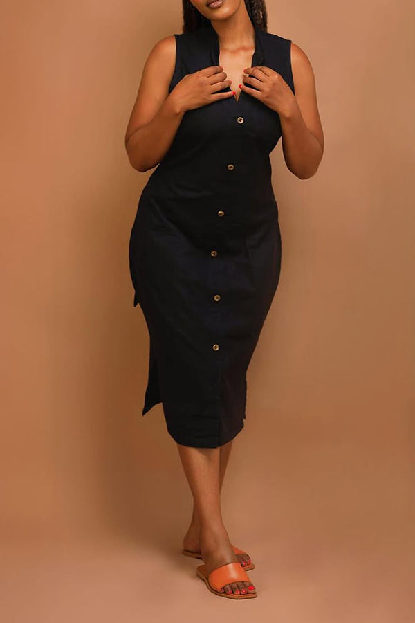 Chic Button Up Belted Split Hem Dress