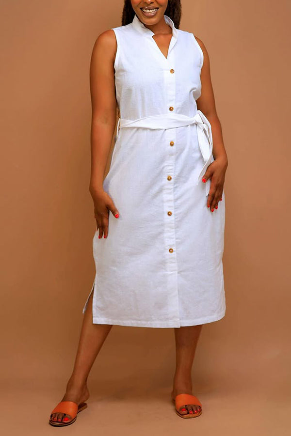 Chic Button Up Belted Split Hem Dress