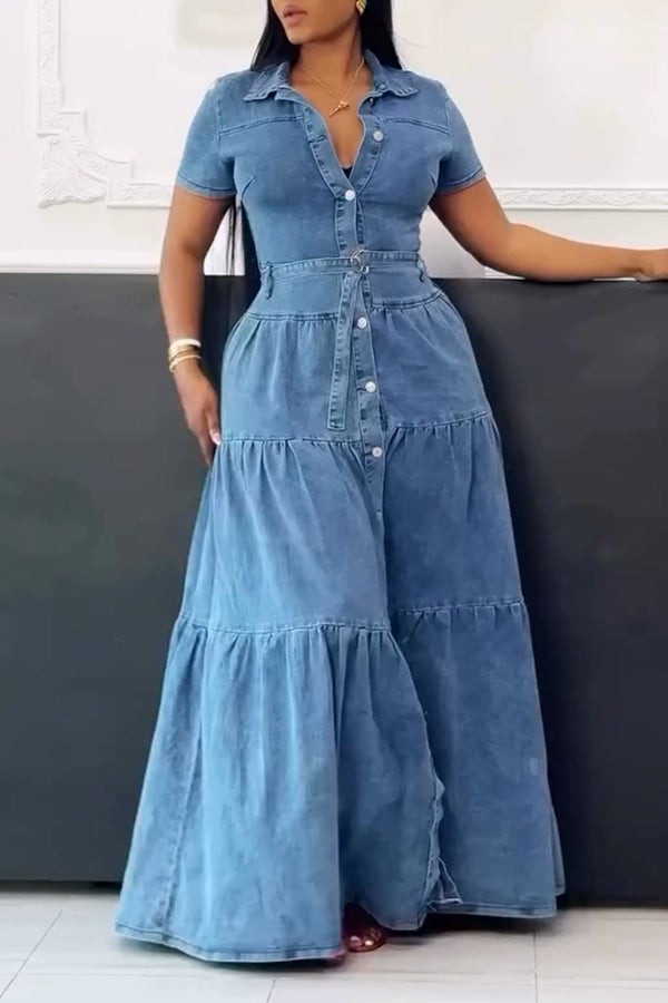 Elegant Ruffled Denim Dress With Belt