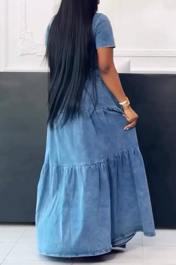 Elegant Ruffled Denim Dress With Belt