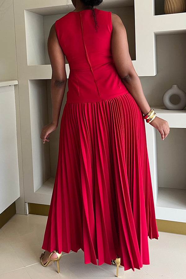 Elegant Pleated Back Zip Vest Dress