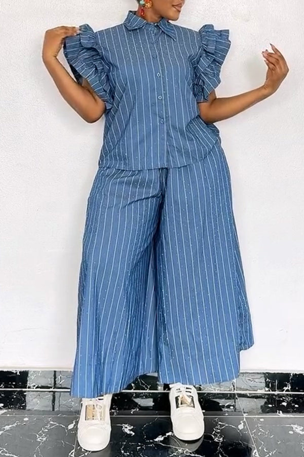 Stylish Ruffle Sleeve Striped Top & Pants Set
