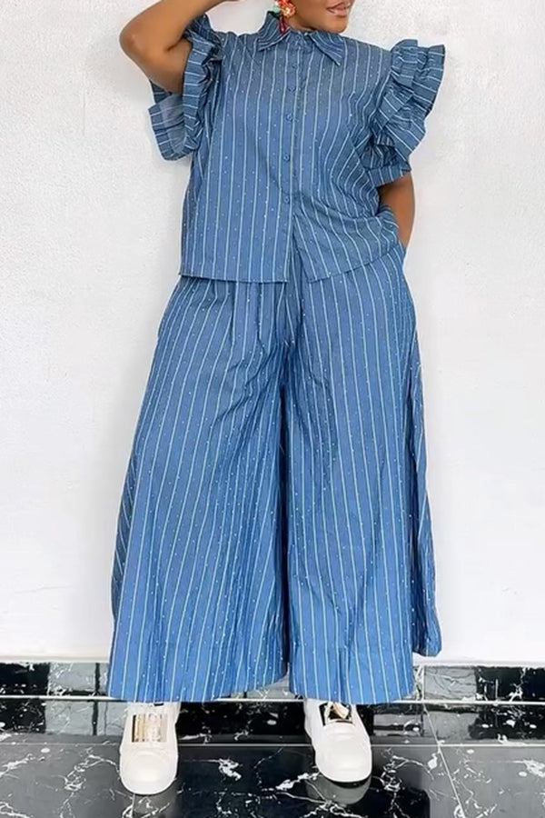 Stylish Ruffle Sleeve Striped Top & Pants Set