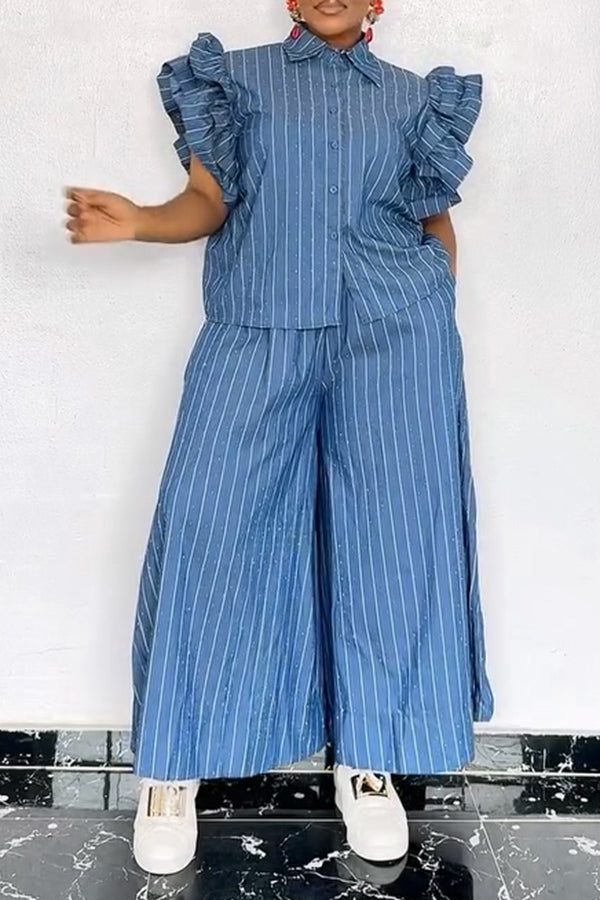 Stylish Ruffle Sleeve Striped Top & Pants Set