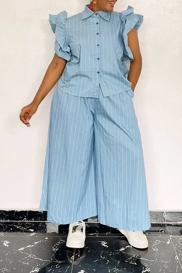 Stylish Ruffle Sleeve Striped Top & Pants Set
