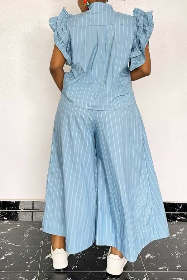 Stylish Ruffle Sleeve Striped Top & Pants Set