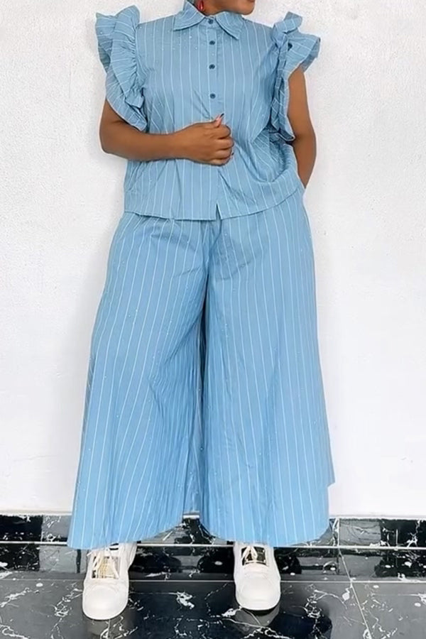 Stylish Ruffle Sleeve Striped Top & Pants Set