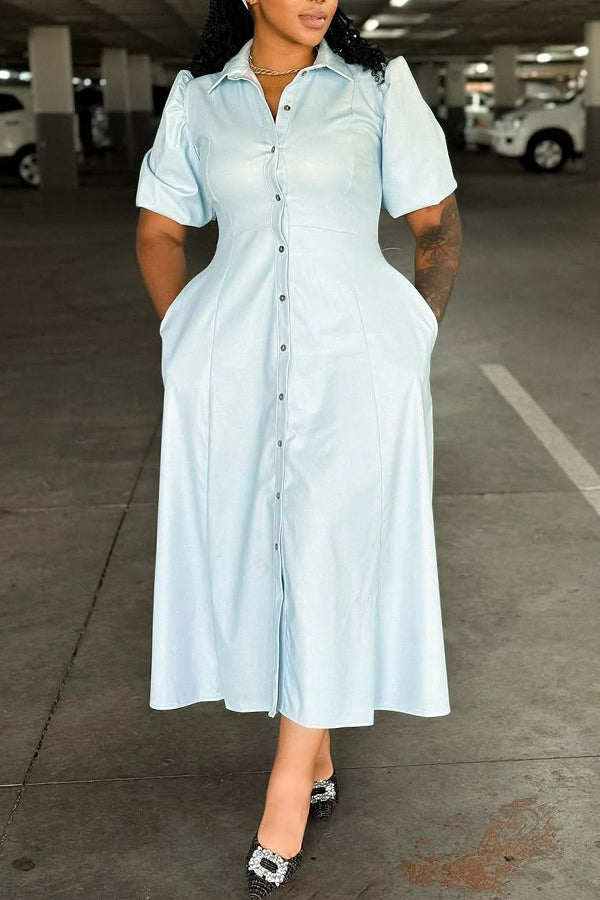 Elegant Puff Sleeve Slant Pocket Dress