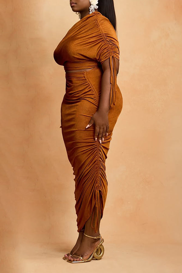 Shiny Oblique Neck Drawstring Dress