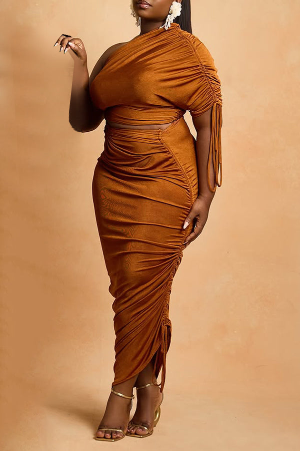 Shiny Oblique Neck Drawstring Dress