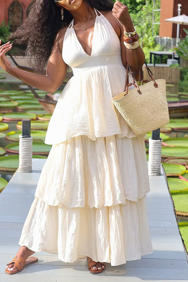 Vacation Linen Halter Neck Layered Ruffle Dress