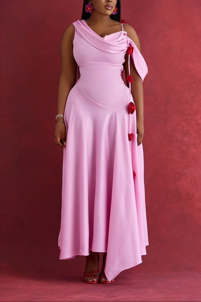 Oblique Neck Asymmetrical Hem Ribbon Dress