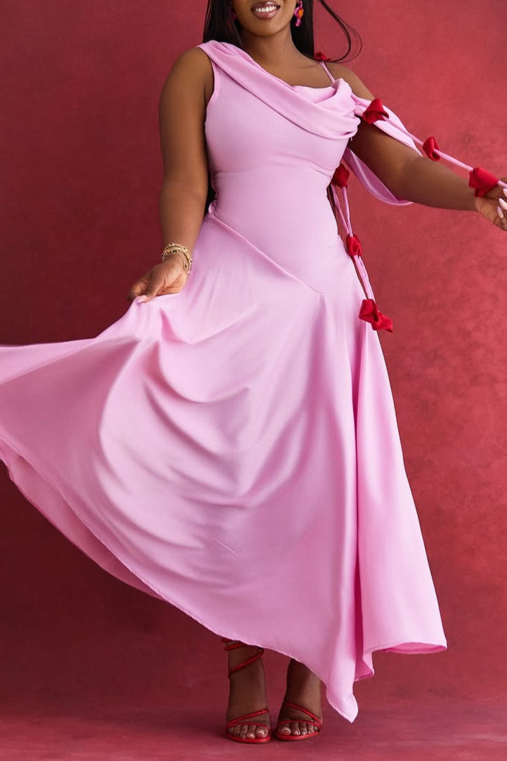 Oblique Neck Asymmetrical Hem Ribbon Dress