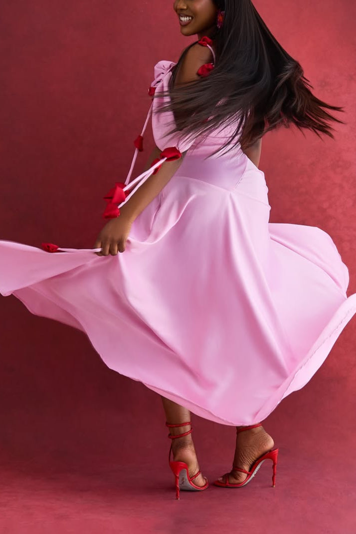 Oblique Neck Asymmetrical Hem Ribbon Dress