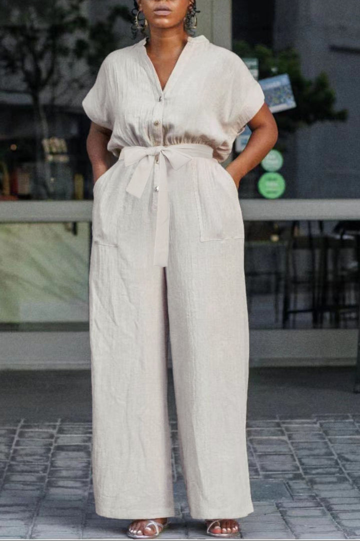 Comfy Linen Slant Pocket Jumpsuit With Belt