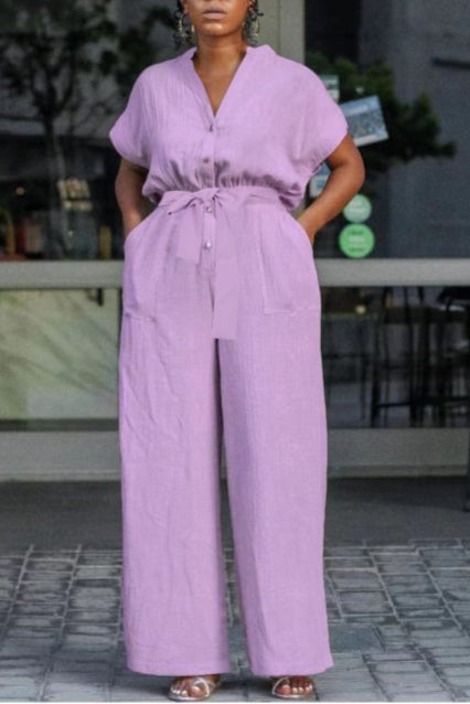 Comfy Linen Slant Pocket Jumpsuit With Belt