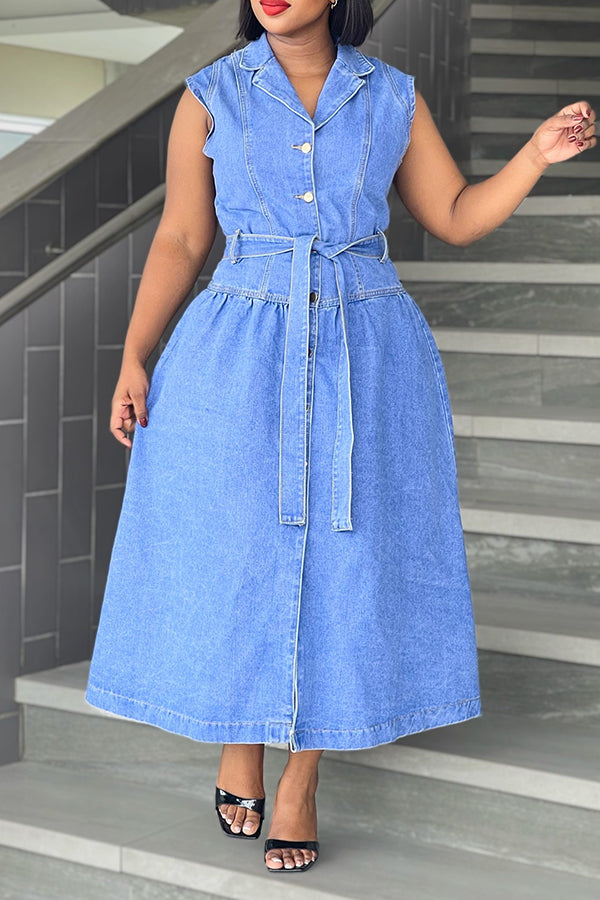 Casual Sleeveless Single Breasted Belted Denim Maxi Dress