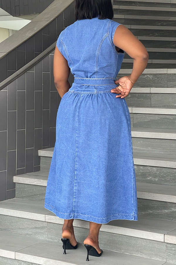 Casual Sleeveless Single Breasted Belted Denim Maxi Dress