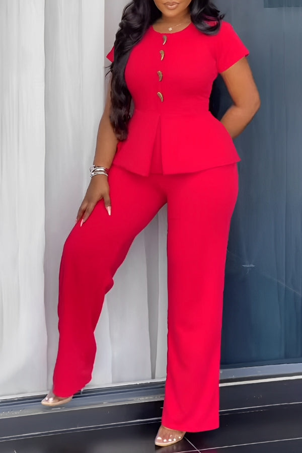 Fashionable Crescent Button Decorated Short Sleeve Jumpsuit