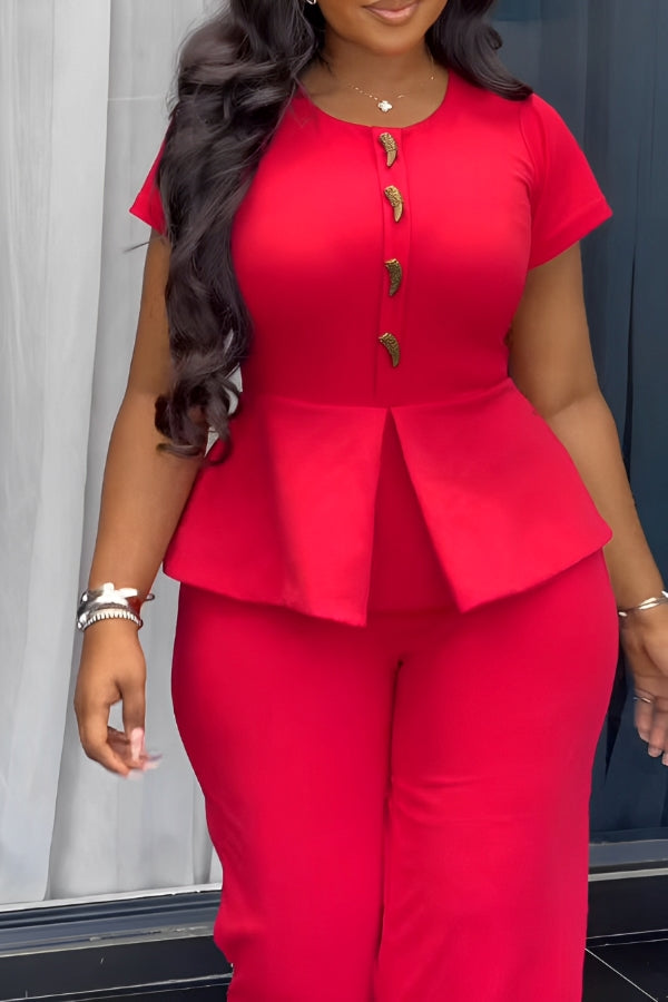 Fashionable Crescent Button Decorated Short Sleeve Jumpsuit