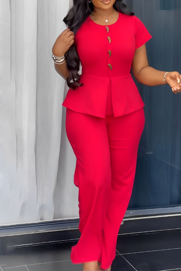 Fashionable Crescent Button Decorated Short Sleeve Jumpsuit
