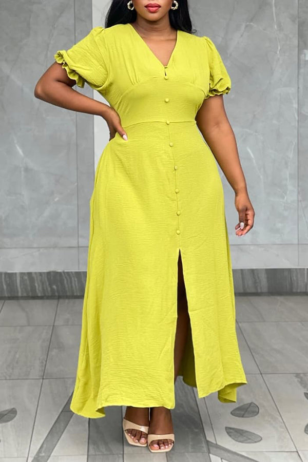 Casual Puff Sleeve Split Hem Dress