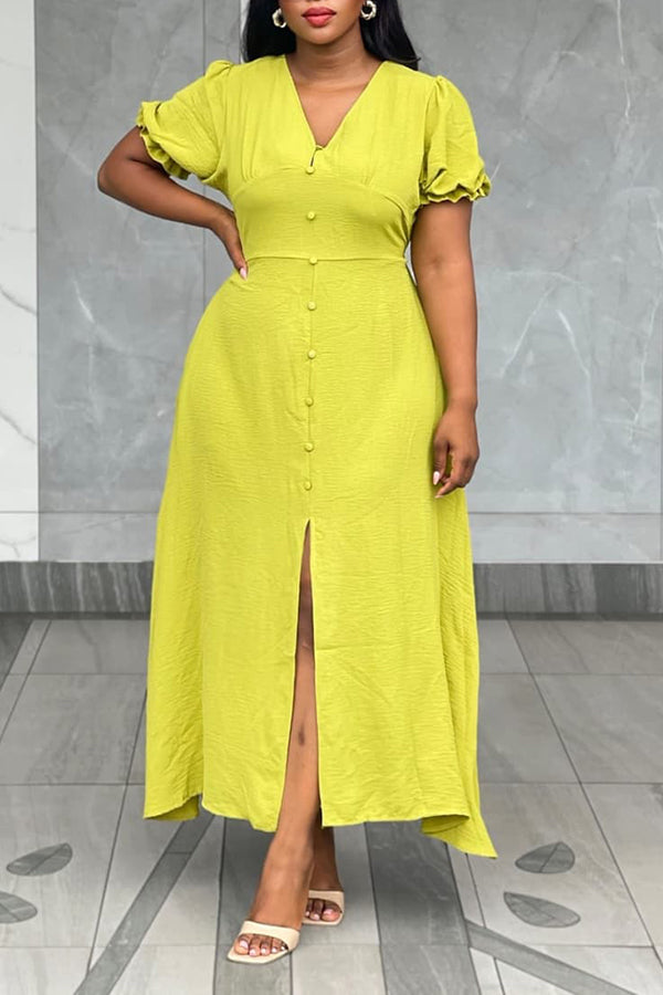 Casual Puff Sleeve Split Hem Dress