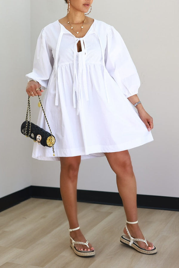 Classic Lantern Sleeve Pleated Hem Mini Dress