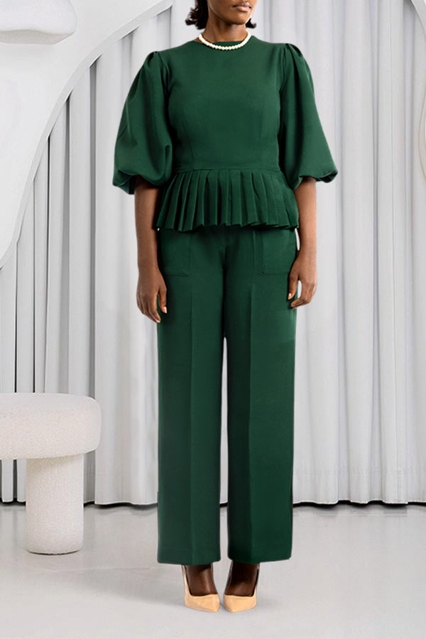 Elegant Pleated Hem Top & Straight Pants Set