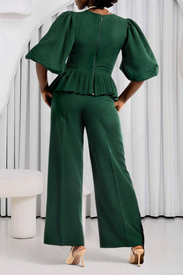 Elegant Pleated Hem Top & Straight Pants Set