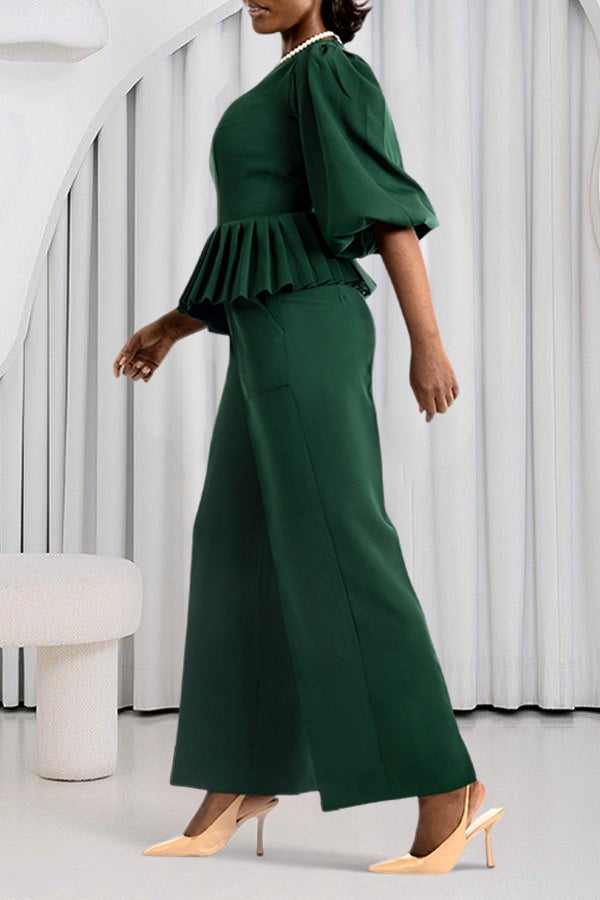 Elegant Pleated Hem Top & Straight Pants Set