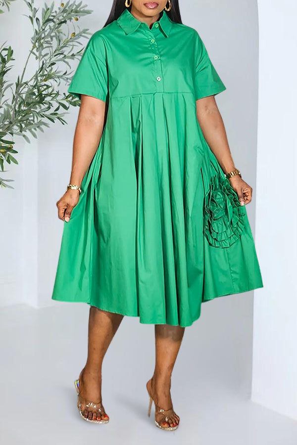 Charming Button Flower Ruffle Design Midi Dress