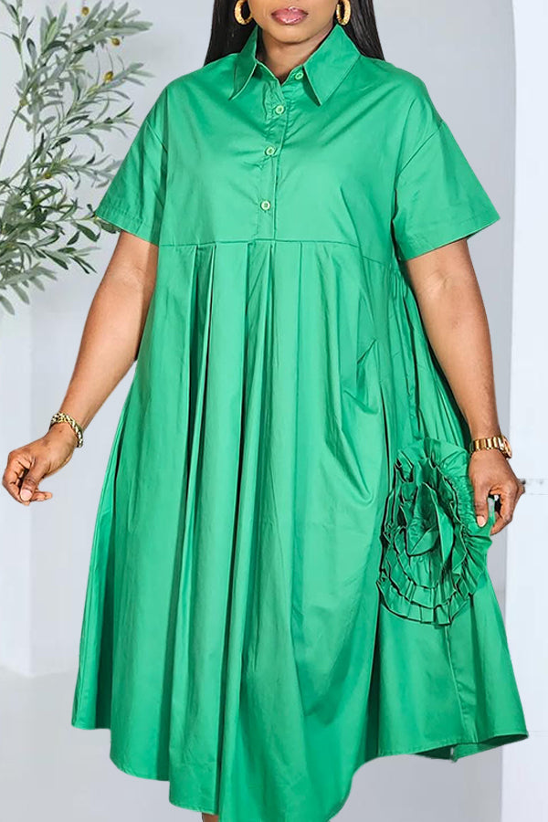 Charming Button Flower Ruffle Design Midi Dress