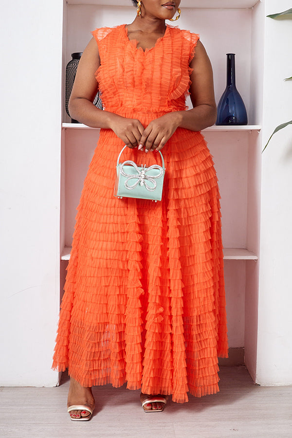 Attractive V-neck Sleeveless Layered Mesh Tutu Maxi Dress