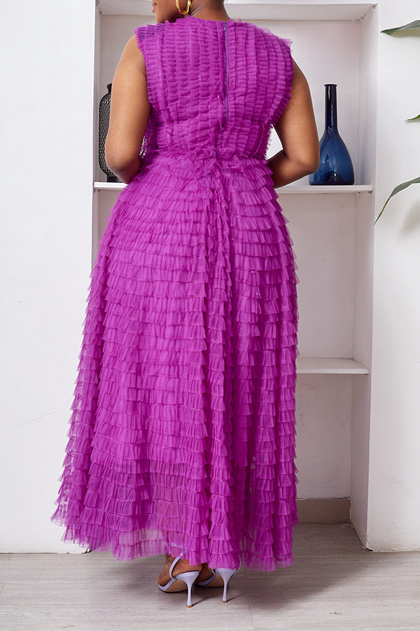 Attractive V-neck Sleeveless Layered Mesh Tutu Maxi Dress