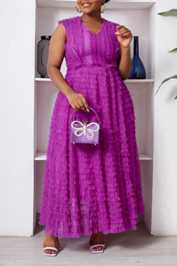 Attractive V-neck Sleeveless Layered Mesh Tutu Maxi Dress